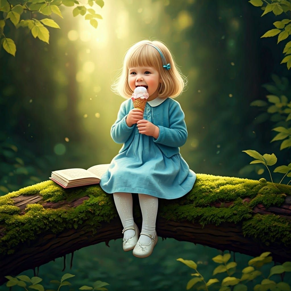 Whimsical Digital Watercolor of a Happy Girl in a Forest