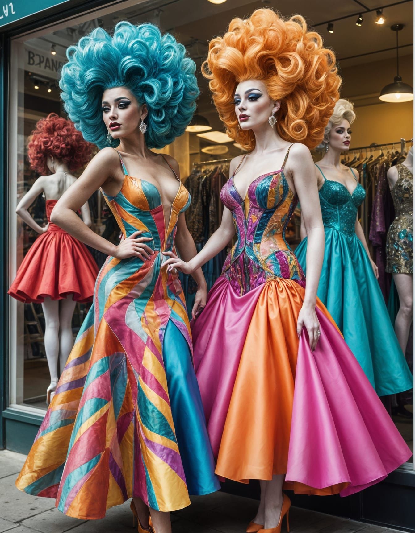 Drag Queens Admire Extravagant Dresses in Shop Window