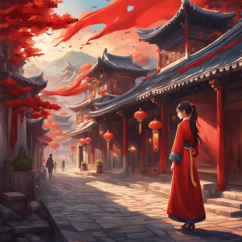 Anime Girl in Red Gown in Historical Chinese Town