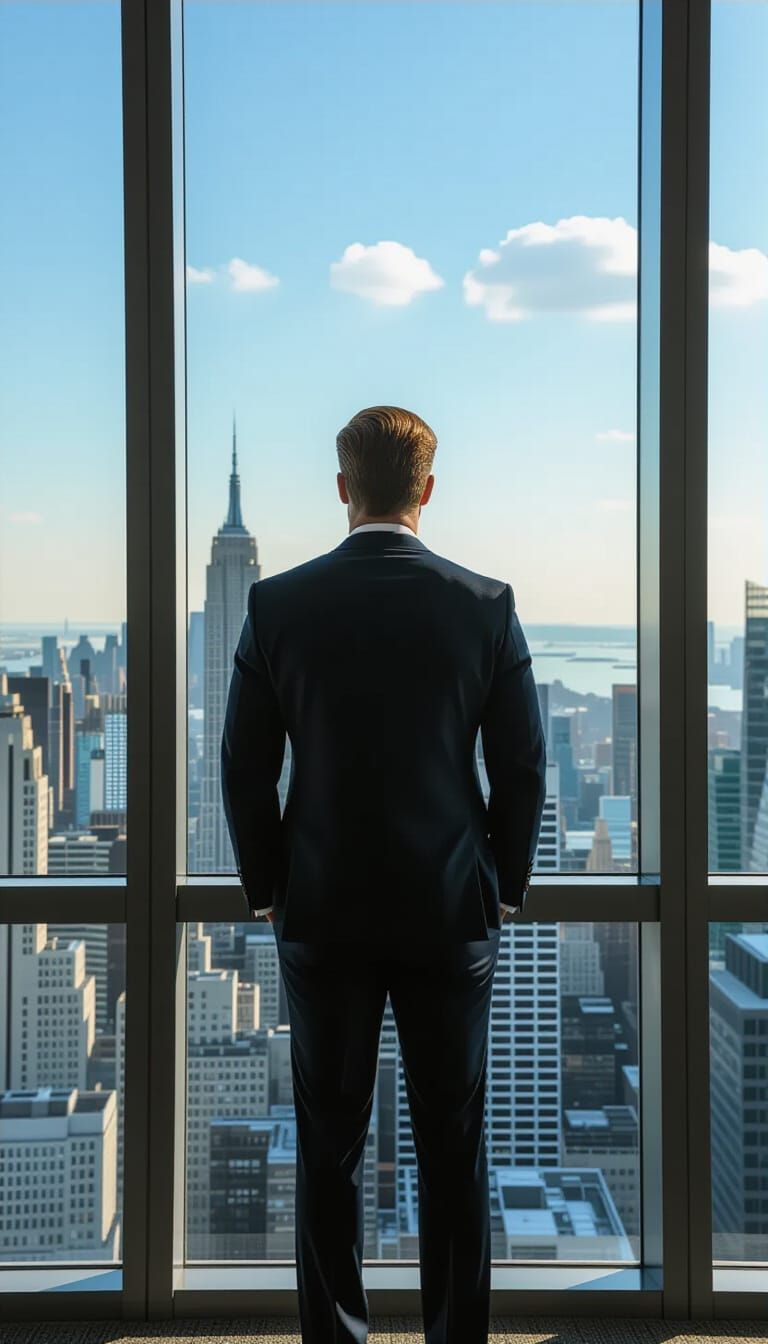 Man Gazing at City from Penthouse, Cinematic Style