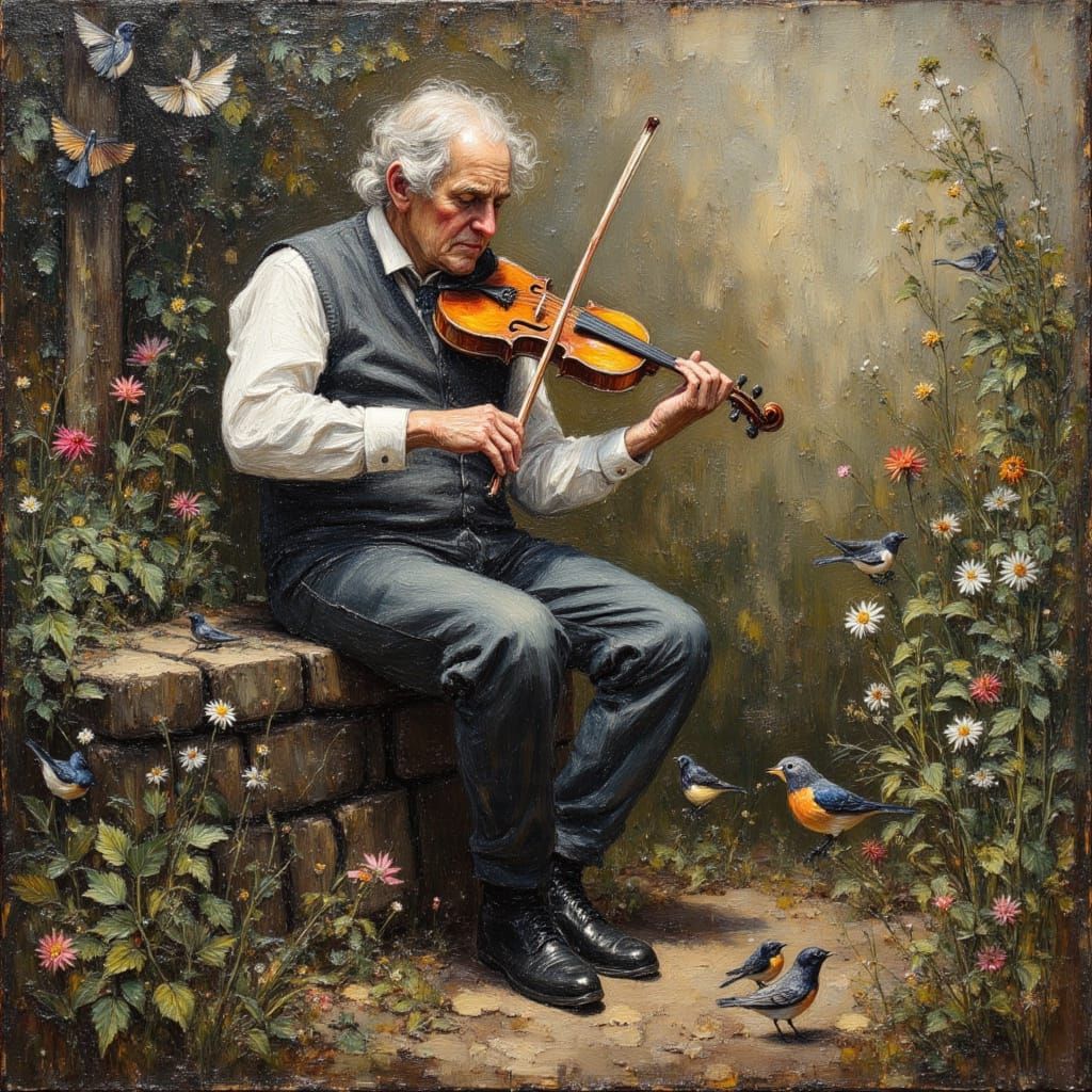 Elderly Violinist Entertains Birds, Impasto Oil Painting