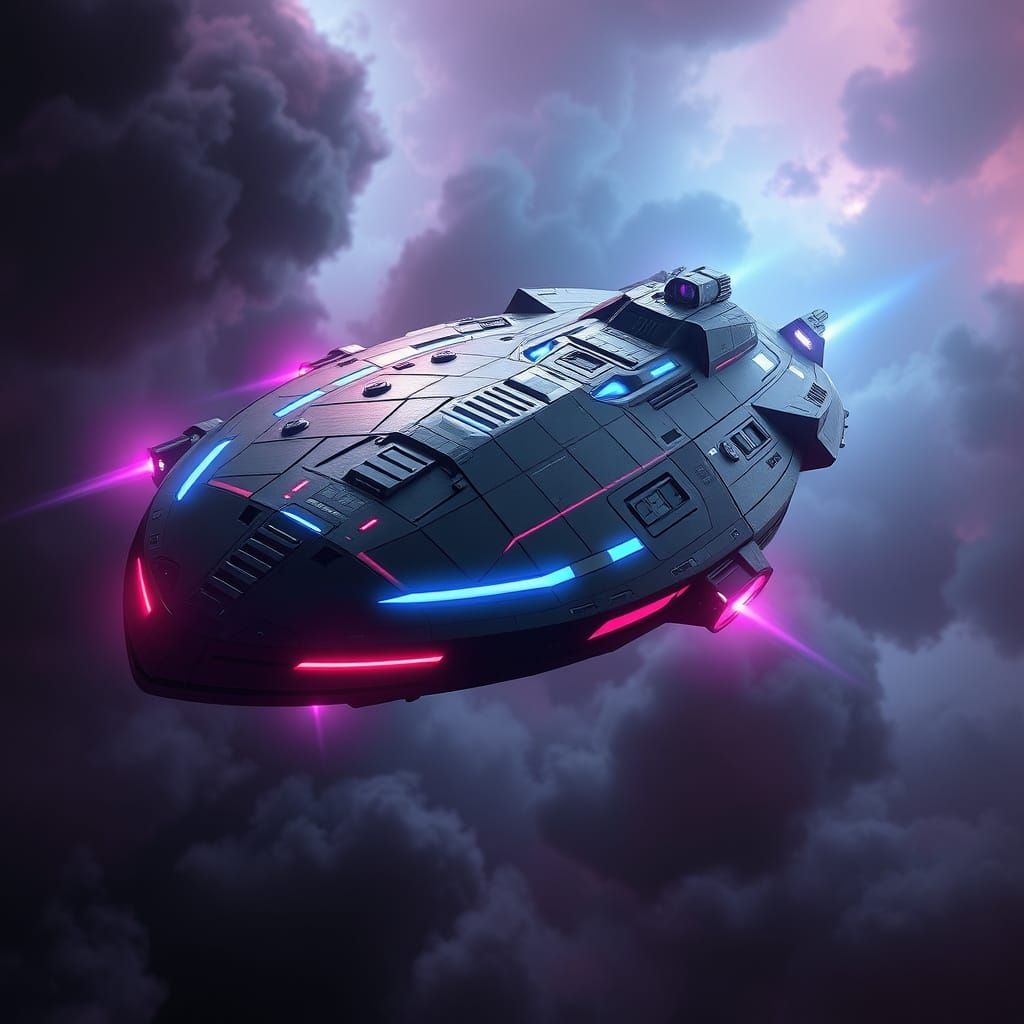Cyberpunk Space Destroyer in Turbulent Nebula