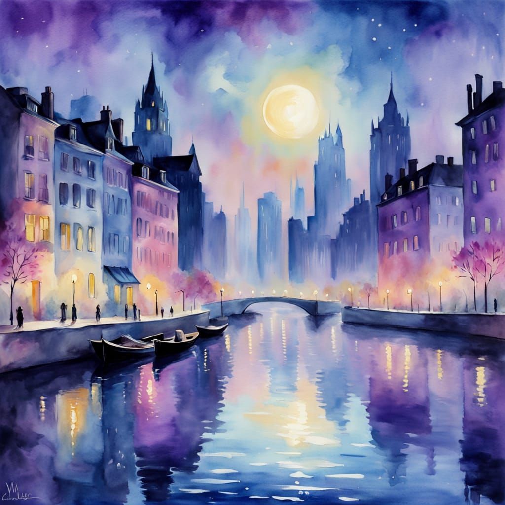 Whimsical Watercolor Cityscape at Night