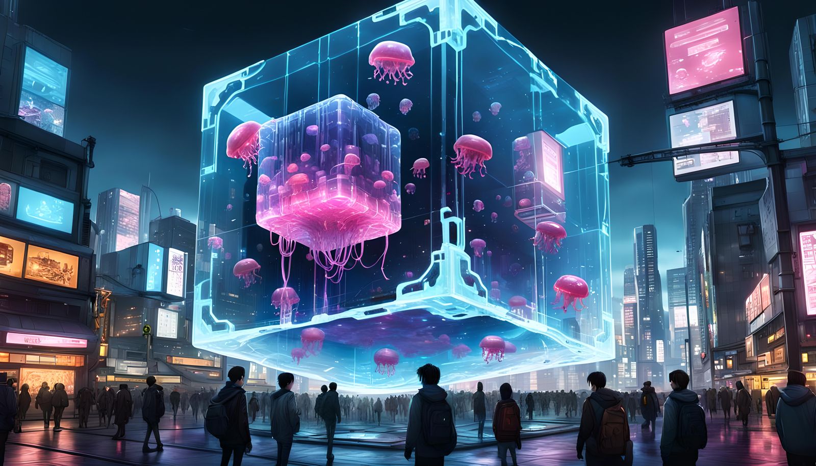 Cyberpunk Jelly Cube with Floating People