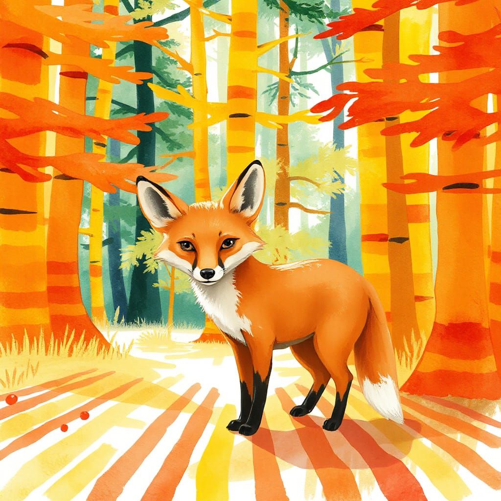 A fox with soft fur and curious expression stands in a forest glade where the trees and ground are covered in vibrant, a...