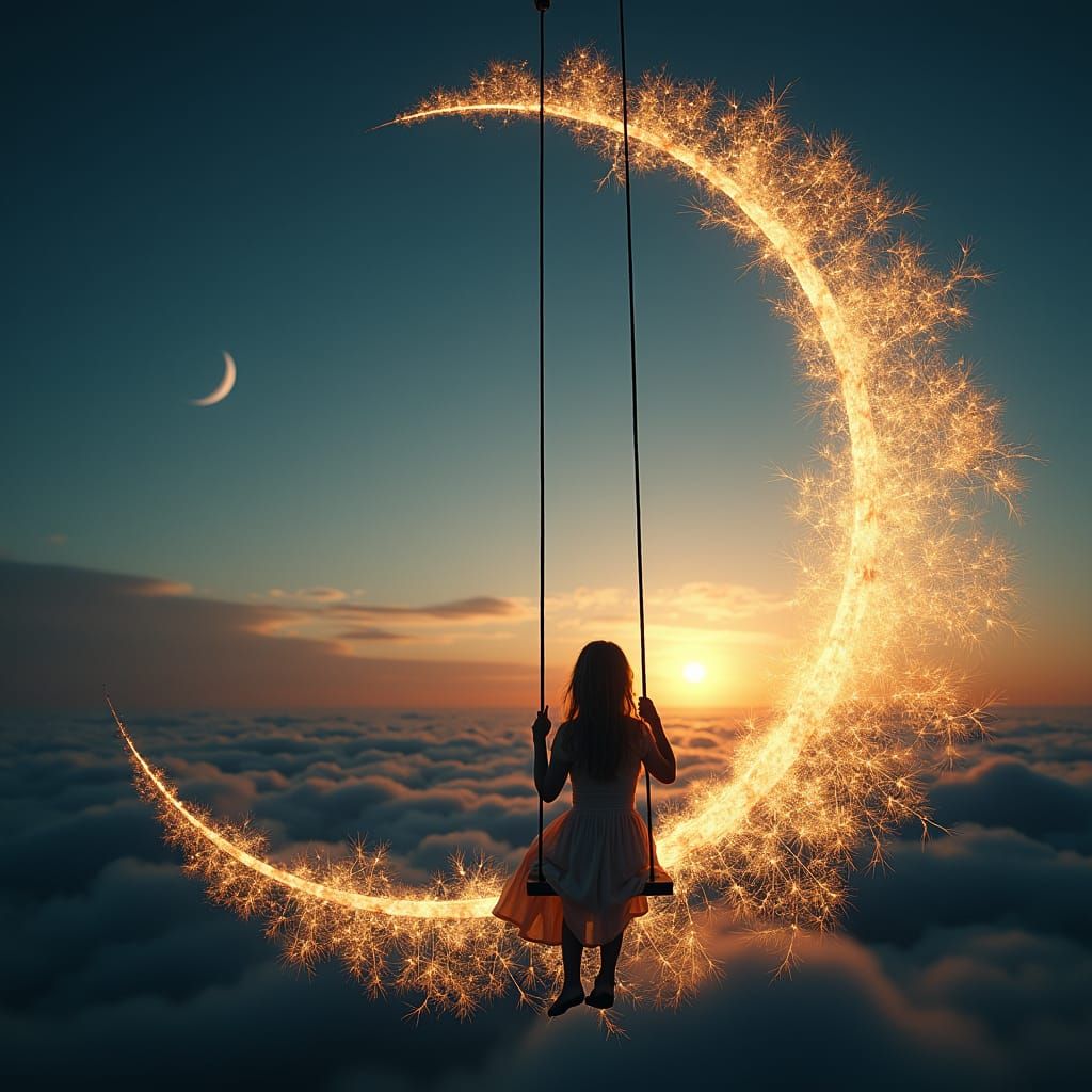 Girl on Crescent Moon Swing: Double Exposure Art