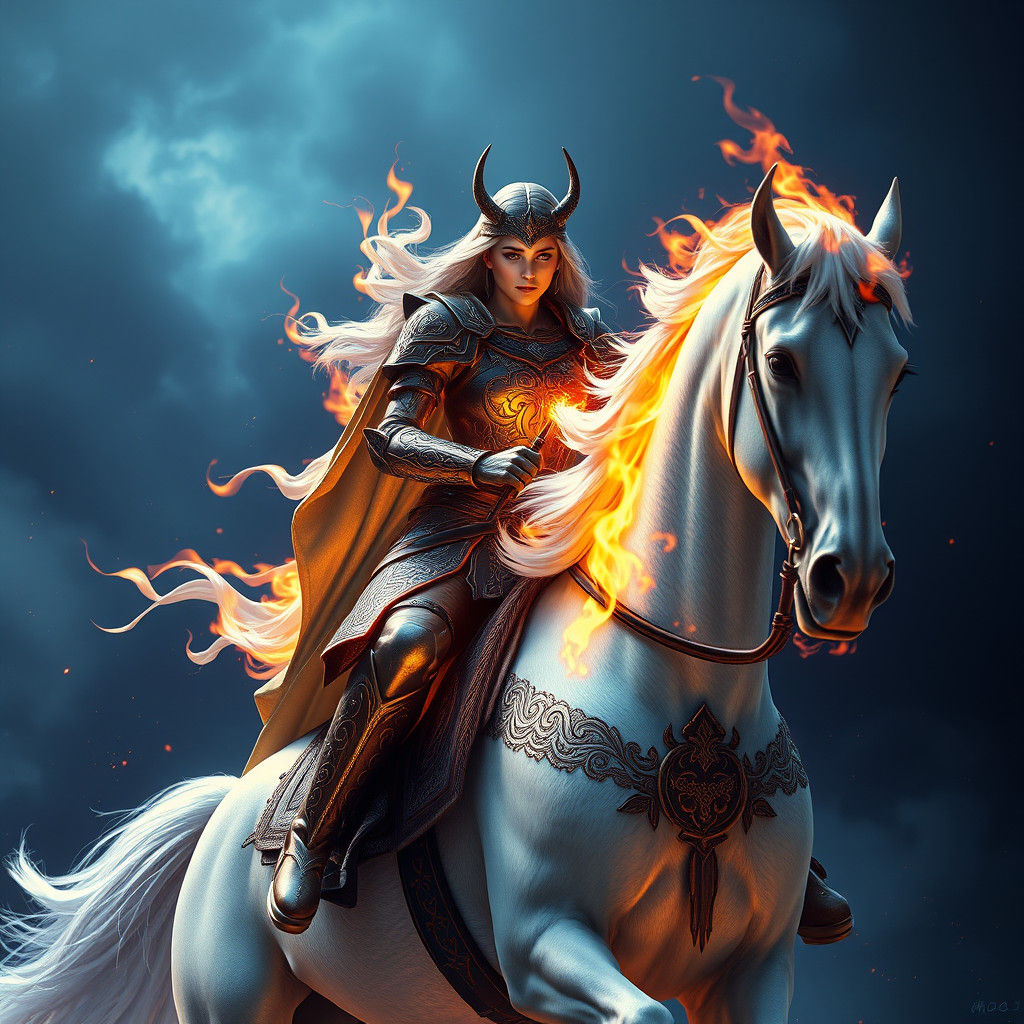 Fiery Maiden Rides Unicorn in Fantasy Landscape