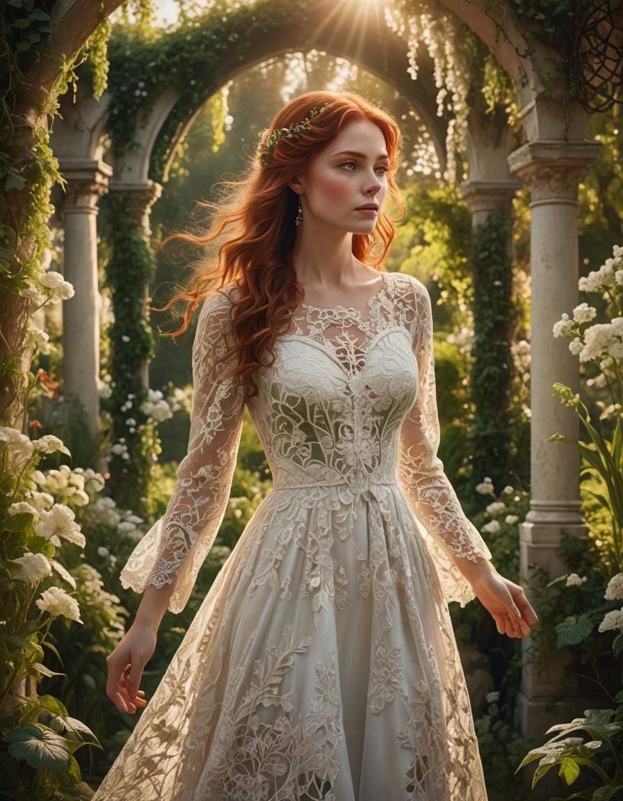 Auburn-Haired Woman in Dreamy Garden, Fantasy Concept Art