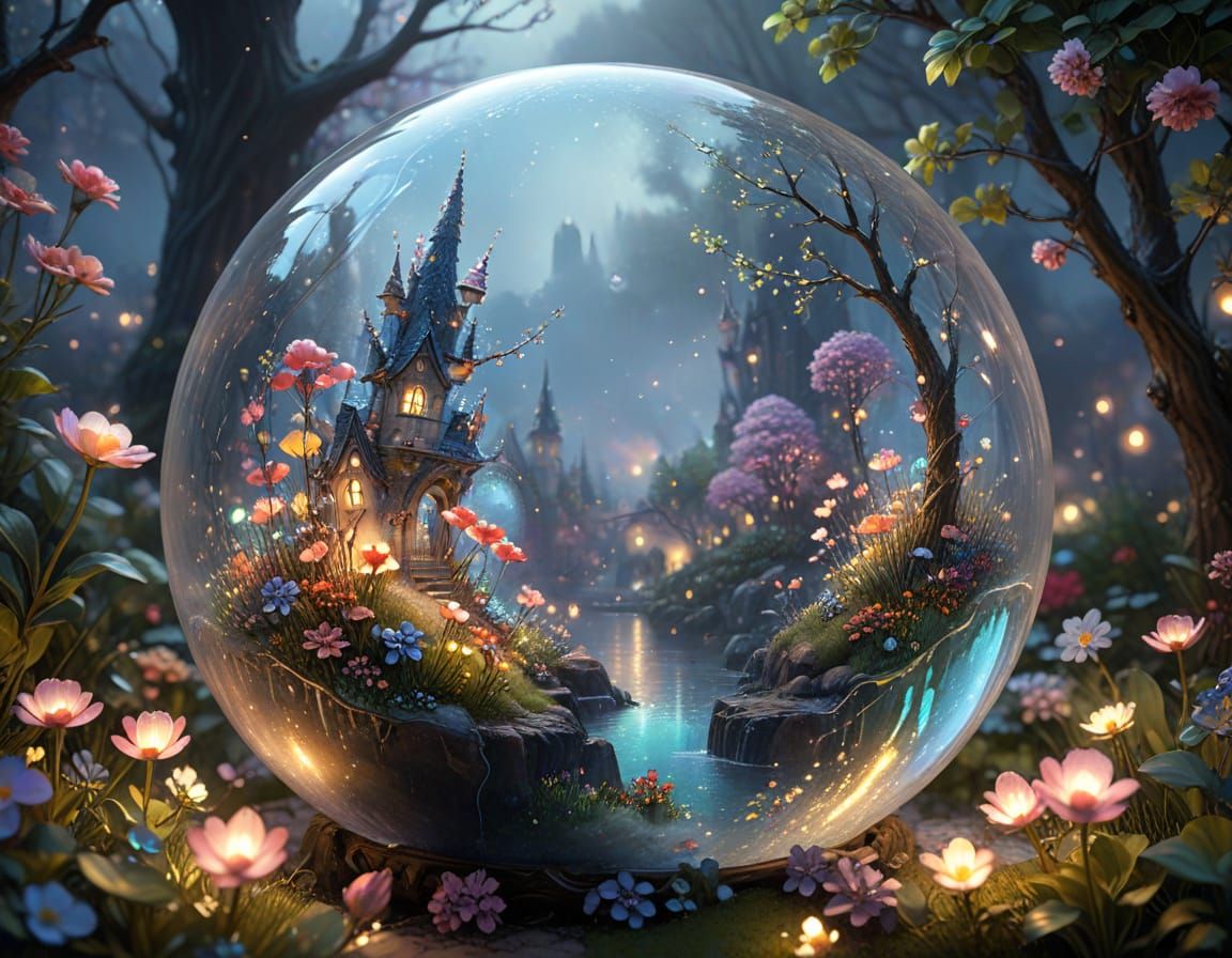 Glass Bubble With Spring Scene and Fairy Lights