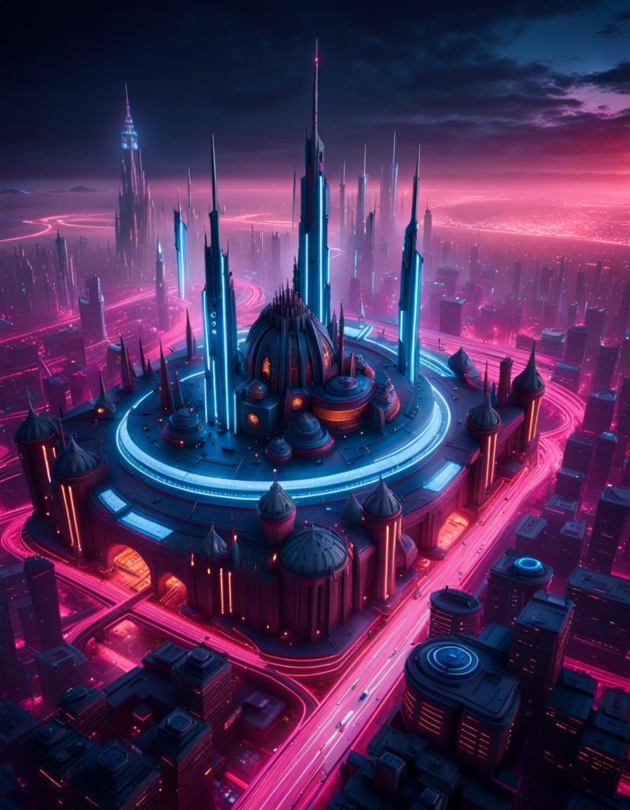 Cyberpunk Medieval Cityscape with Neon Lights