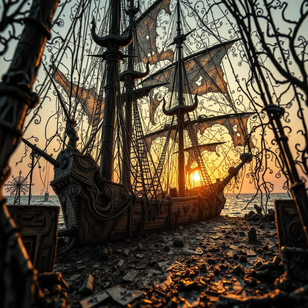 Battle-Scarred Pirate Ship in Setting Sun