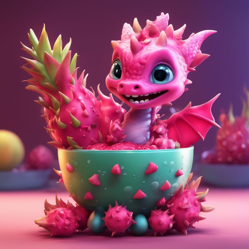 Cute dragon surrounded by dragon fruit