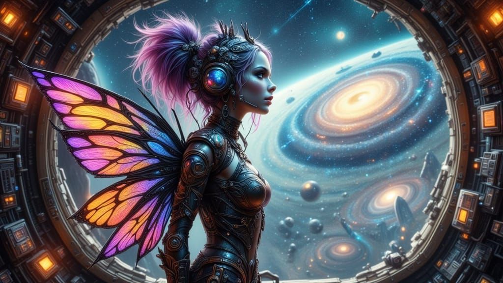 Cyborg Fairy Astronaut in Retro-Futuristic Spaceship