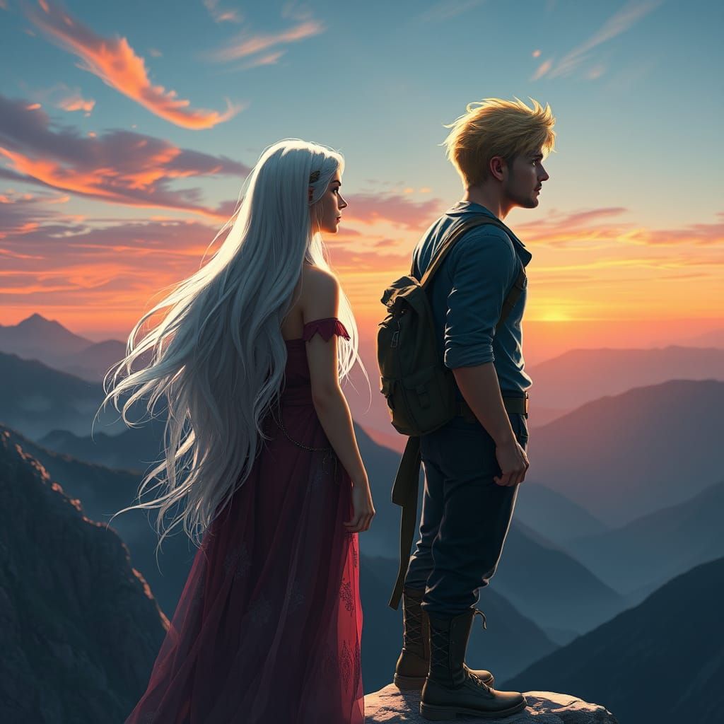 Fantasy Portrait of Woman and Man on Mountain