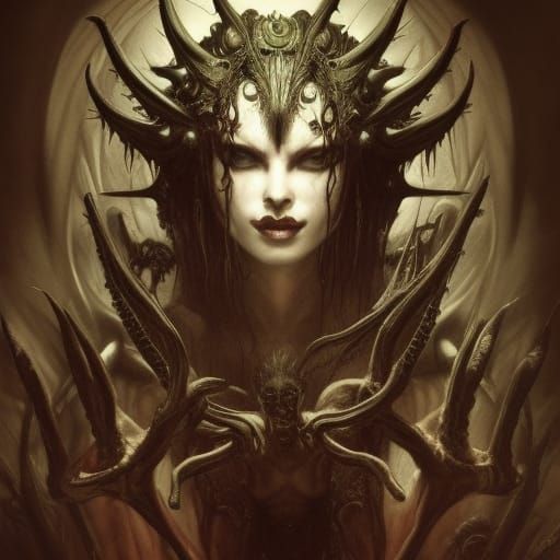Sinister Demon Lady on Throne: Horror Art