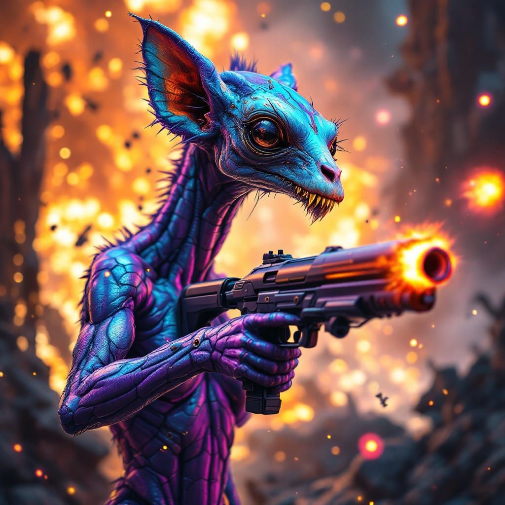 Surreal Alien Lemur Fires Plasma Weapon