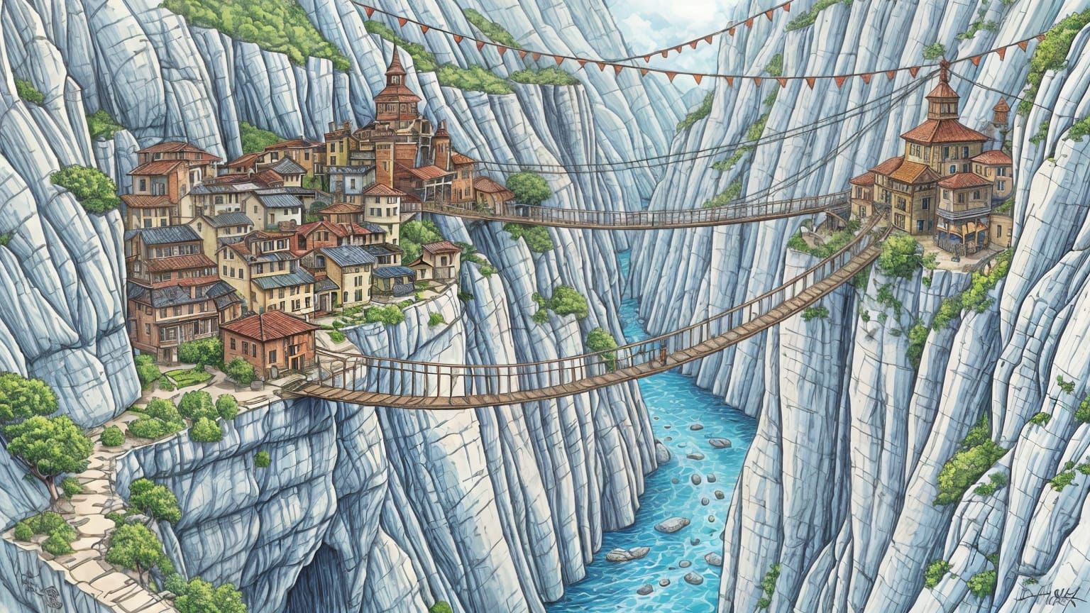 Vibrant Village on Canyon's Edge in Detailed Pen and Ink