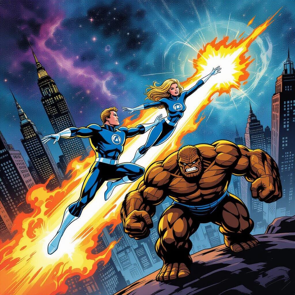 Fantastic Four Soar Through Cosmic Cityscape