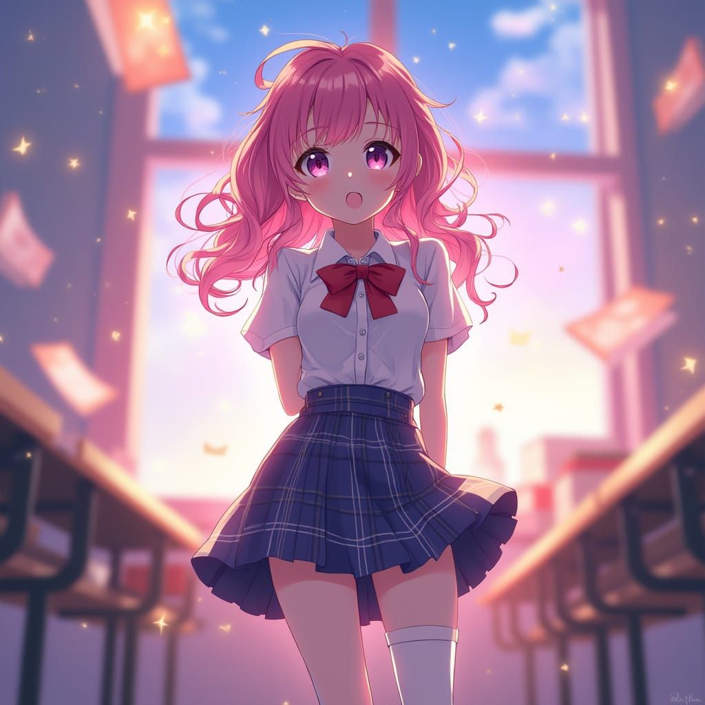 Anime Girl in Whimsical Classroom