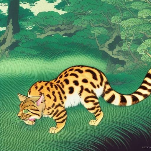 Tsushima Leopard Cat Stalking, Vintage Japanese Art