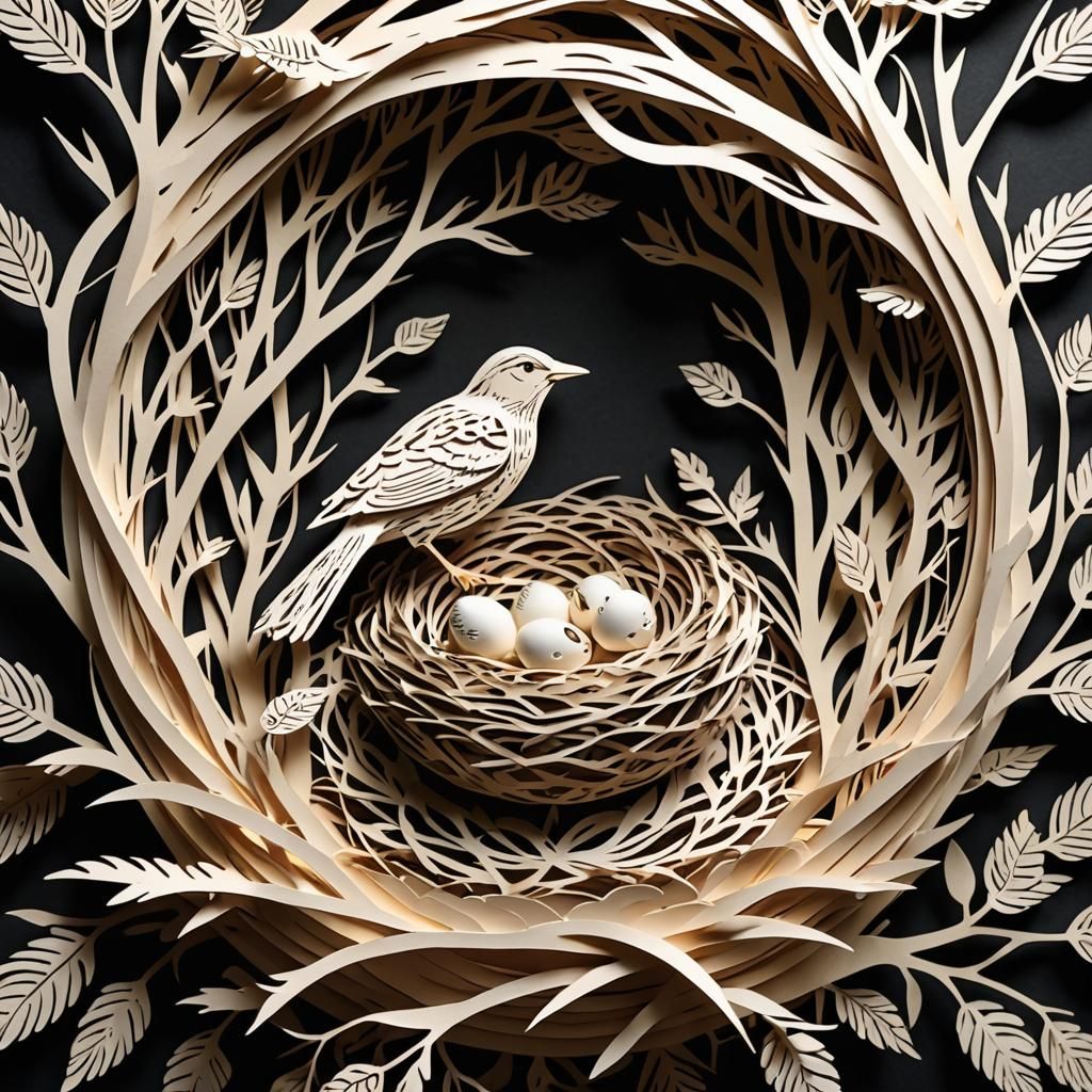 Intricate Kirigami Bird's Nest: Maximalist Paper-Cut Art