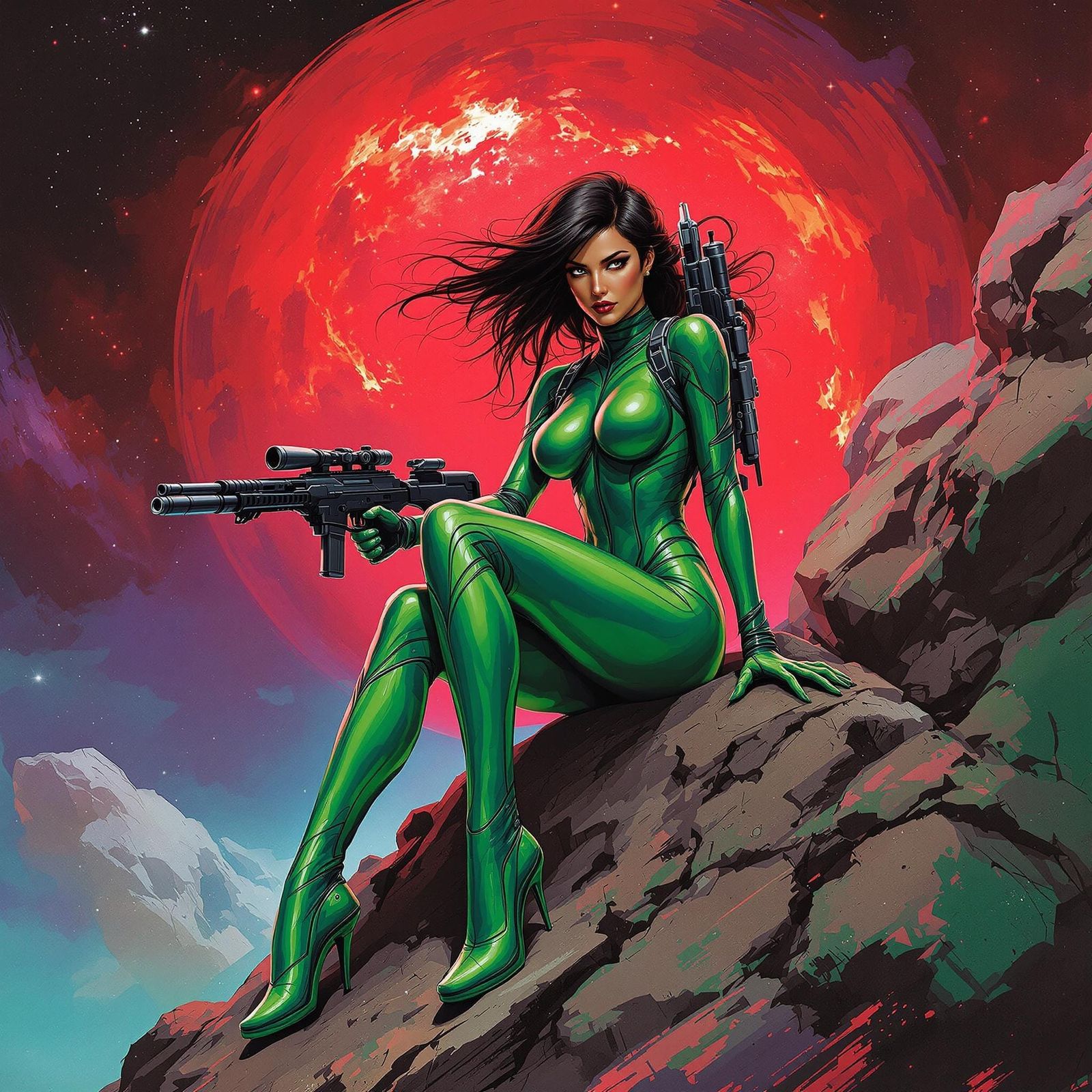 Cosmic Bounty Huntress in Retro Sci-Fi Style