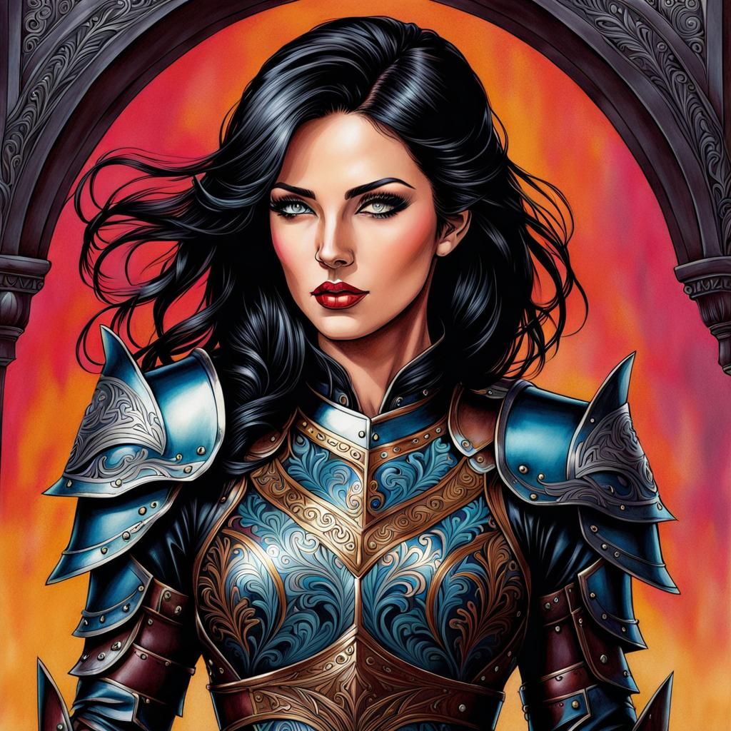 Elegant Dark-Haired Woman in Leather Armor Ink Drawing