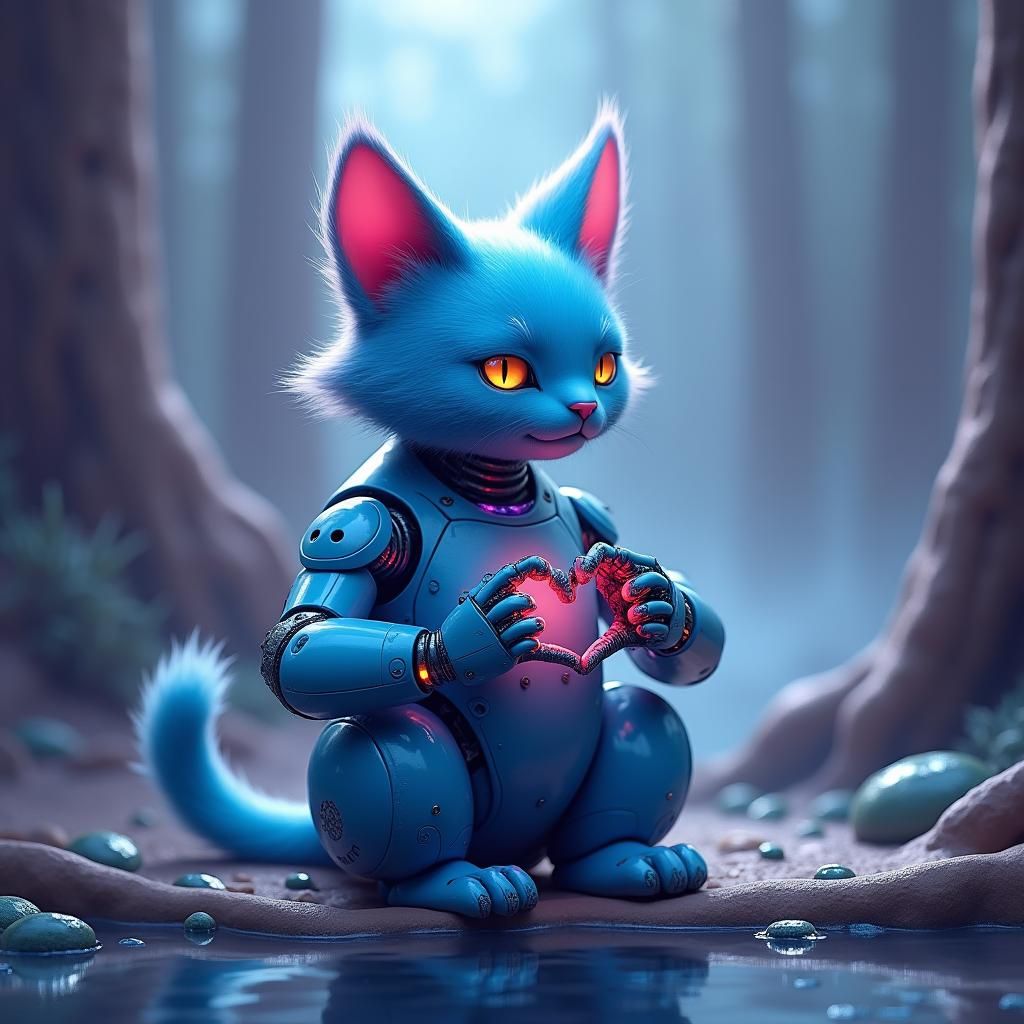 Blue Robotic Cat Making Heart Sign in Fantasy Style