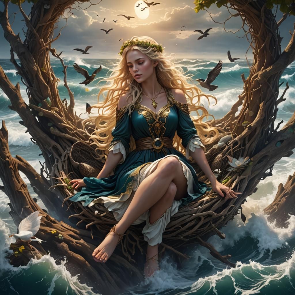 Young Goddess Floating on Waves: Fantasy Art