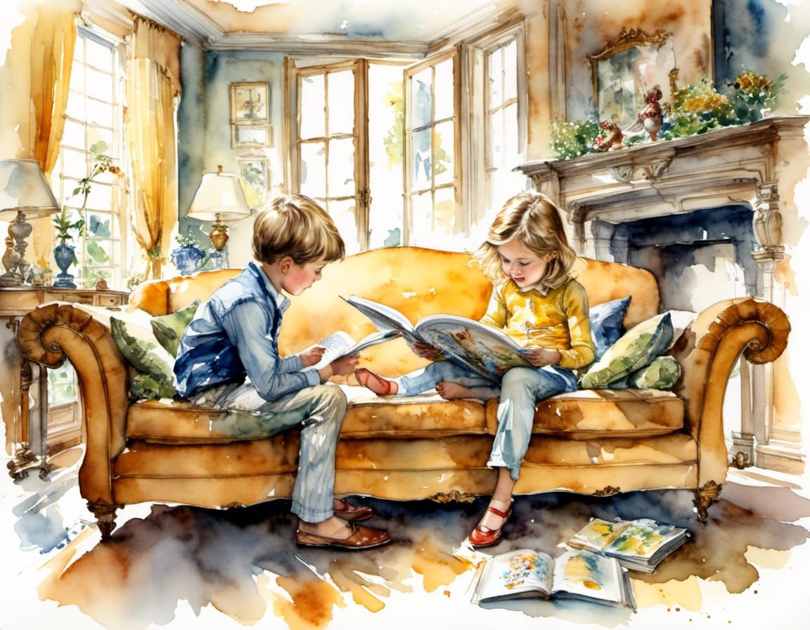 Twins Reading Storybook in Gouache Watercolor Style