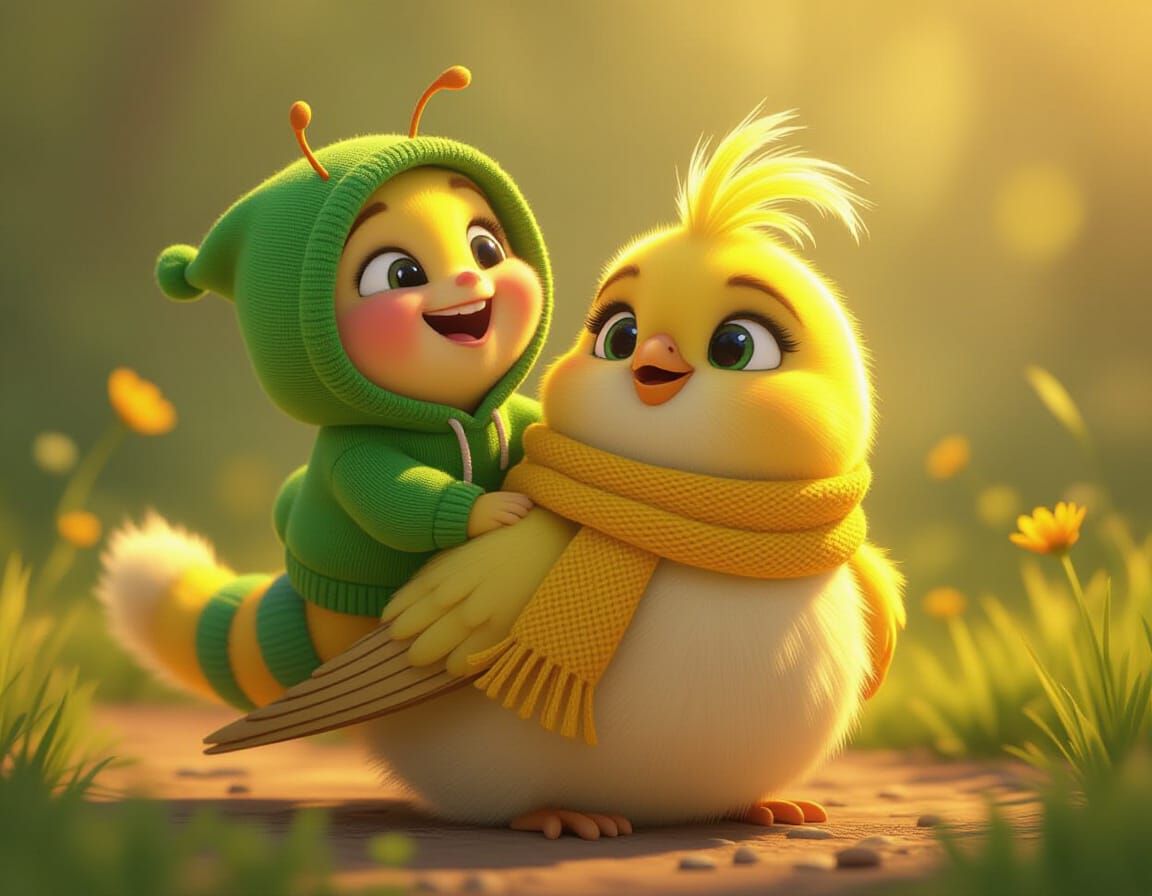 CGI Caterpillar Rides Fluffy Canary in Pixar Style