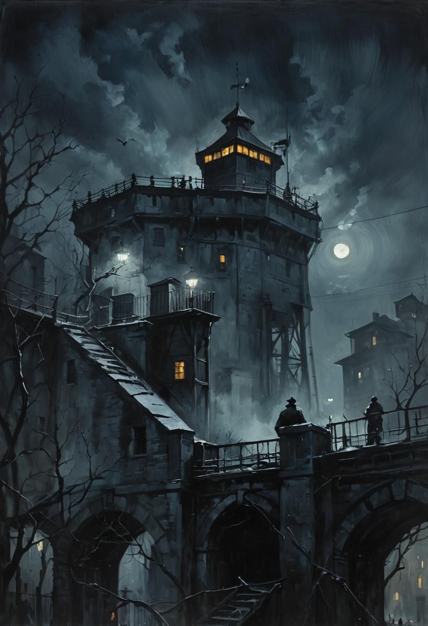 Noir Prison Watchtower at Night
