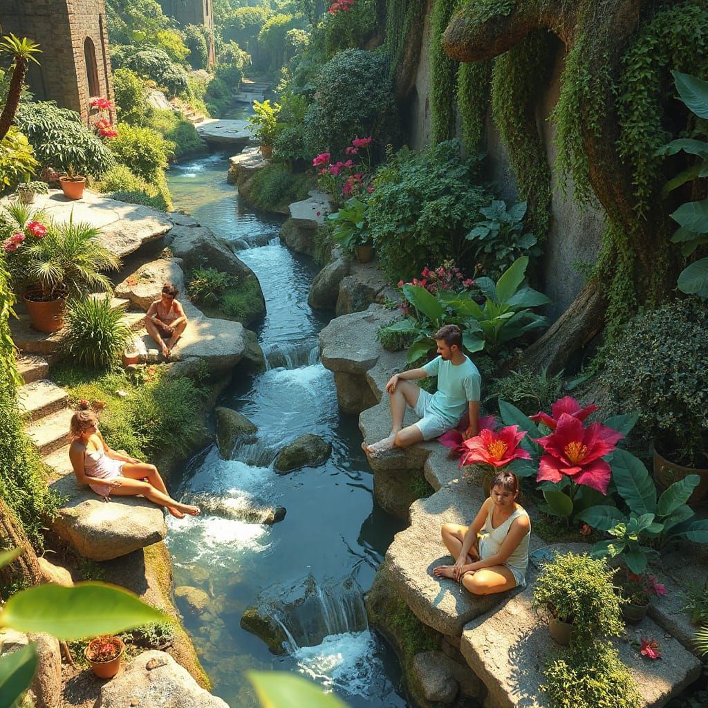 Futuristic Green City with Honey Creek in Retro Style