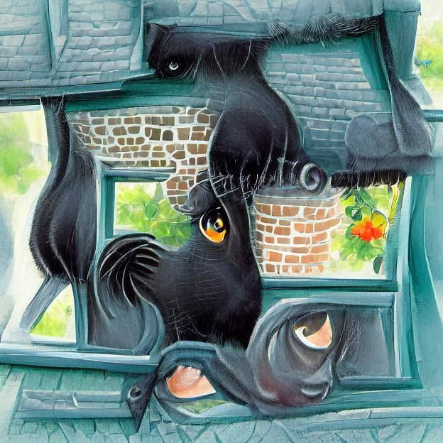 Black Cat at Cottage Window: Storybook Illustration