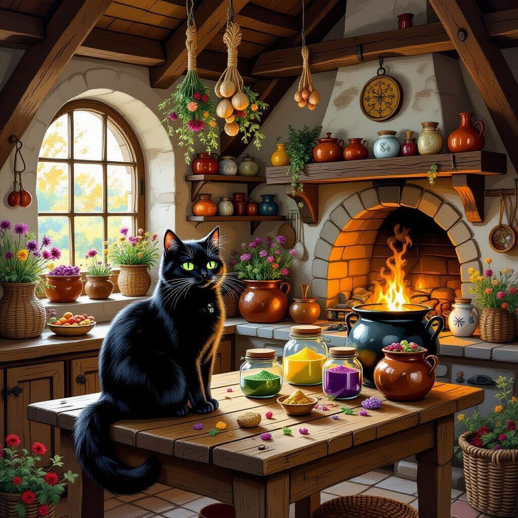 Black Cat in Cozy Witch's Kitchen - Folk Art Style