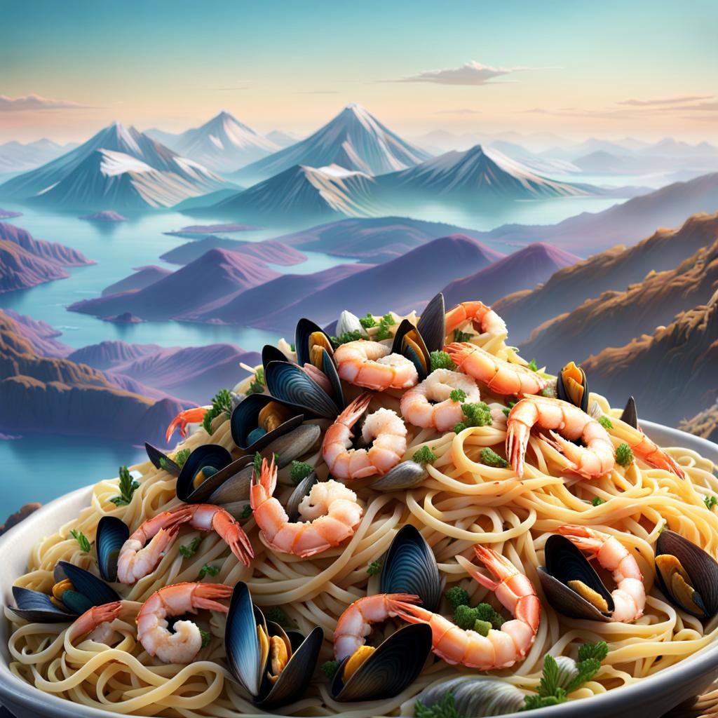 Captivating 16k resolution image of hills made from rich seafood linguine with lakes made from a light herb-infused whit...