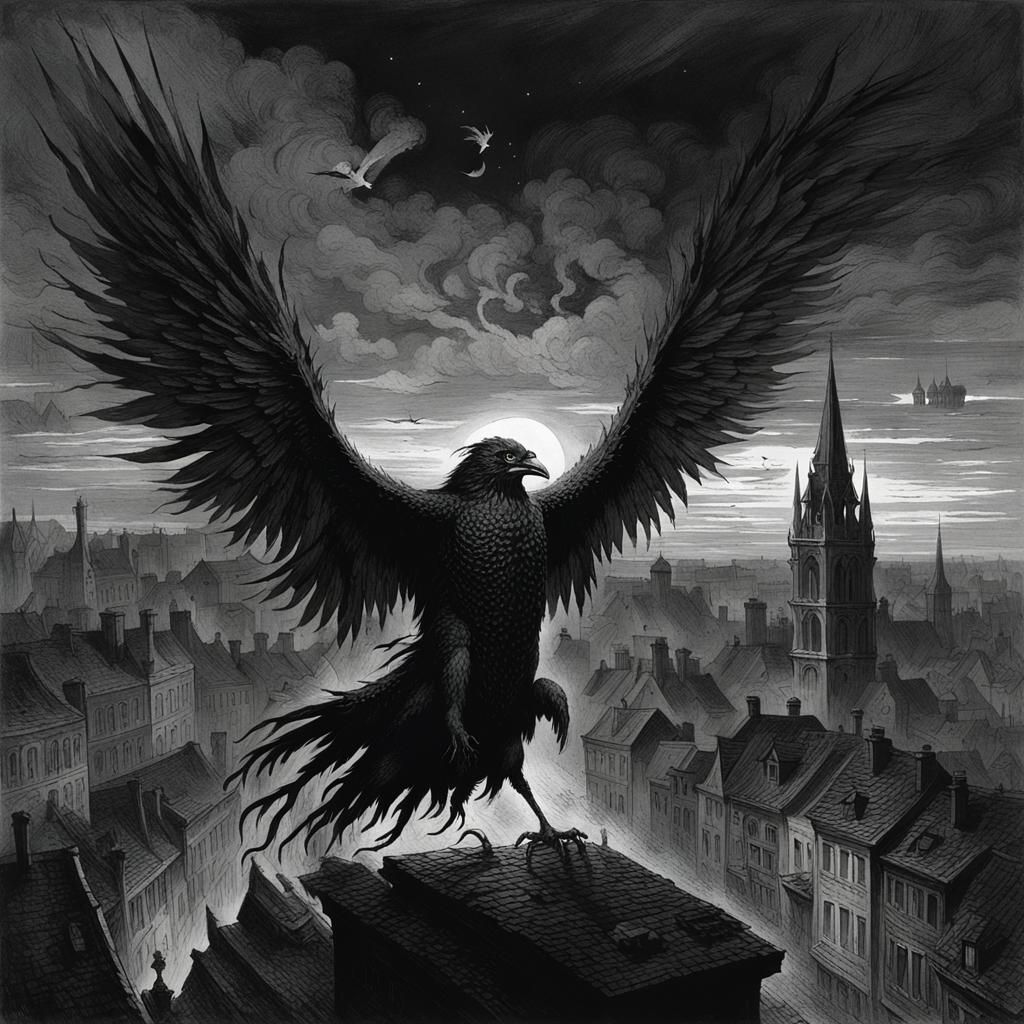 Fire Bird in Gothic Town: Horror Art