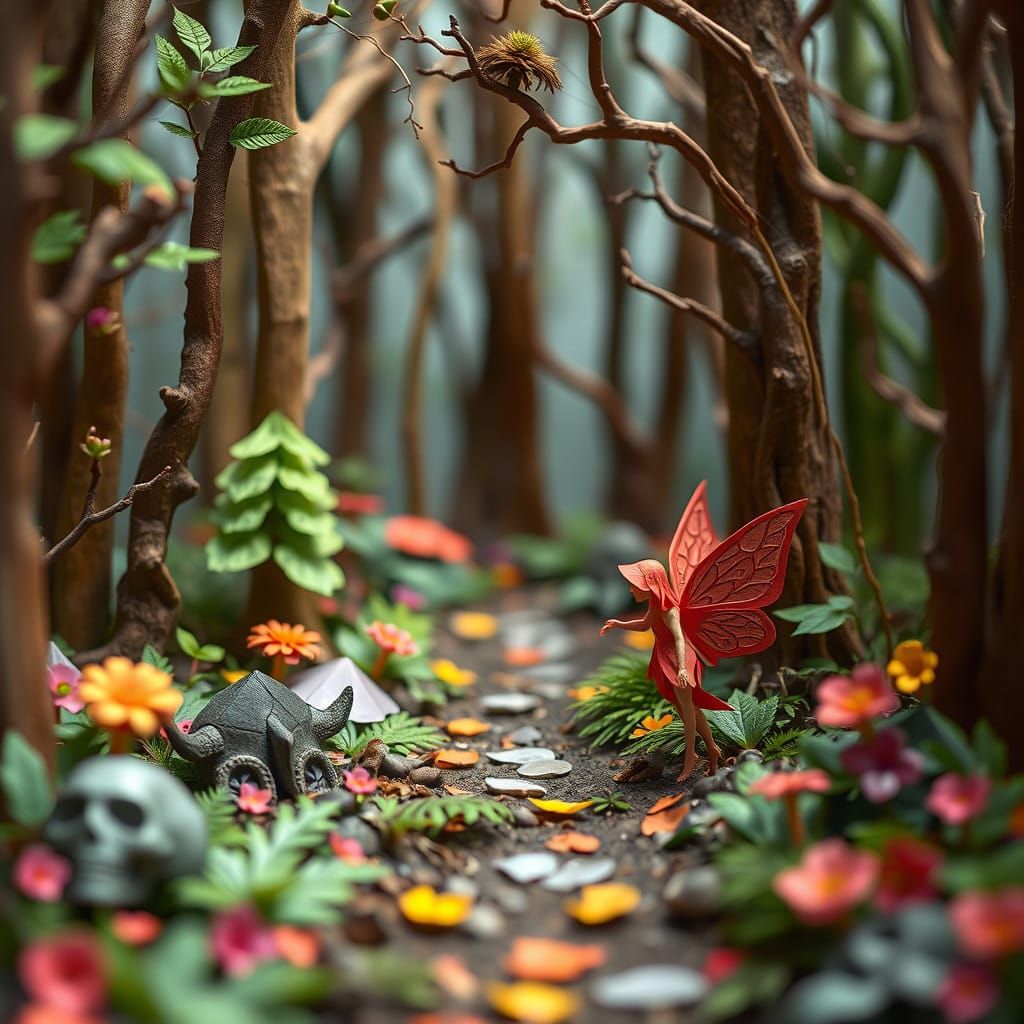 Whimsical Apocalypse in a Dreamlike Forest Scene