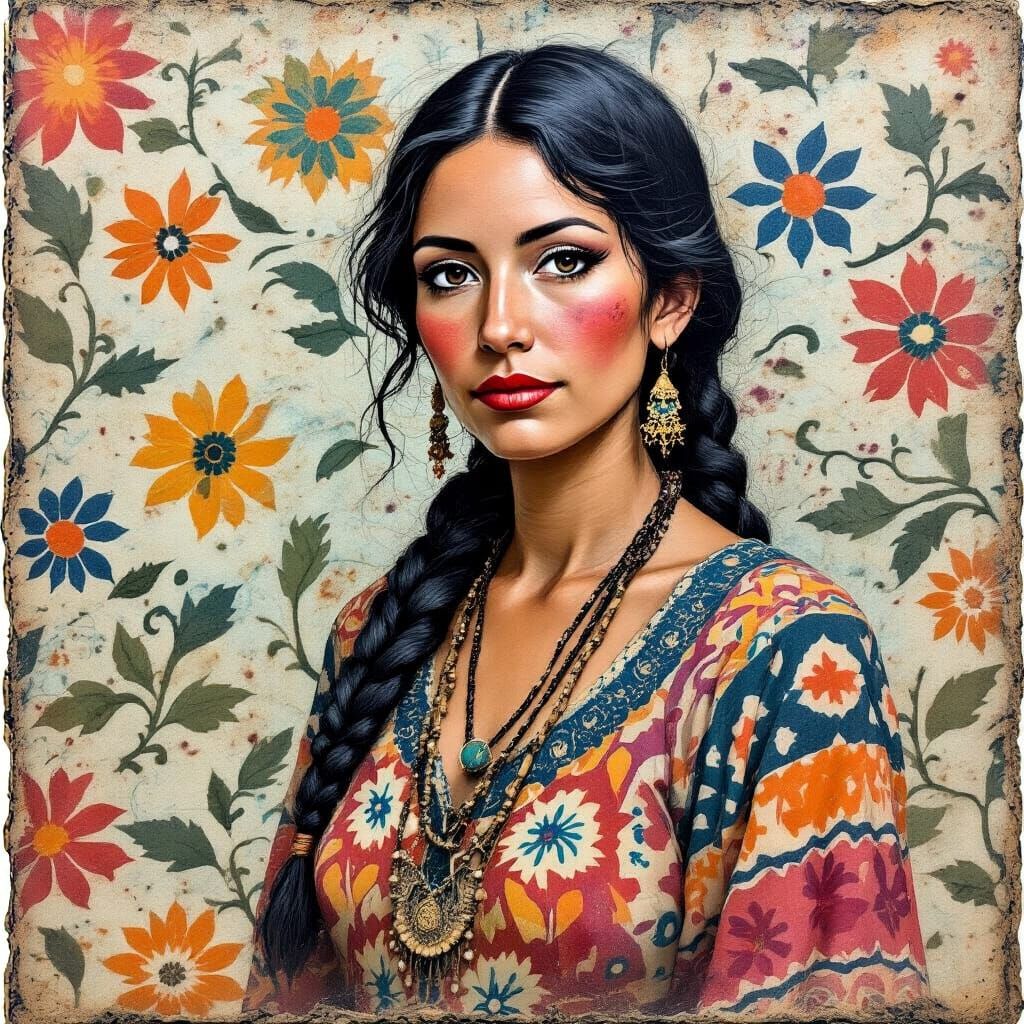 Hispanic Woman with Ikat and Mauresque Patterns