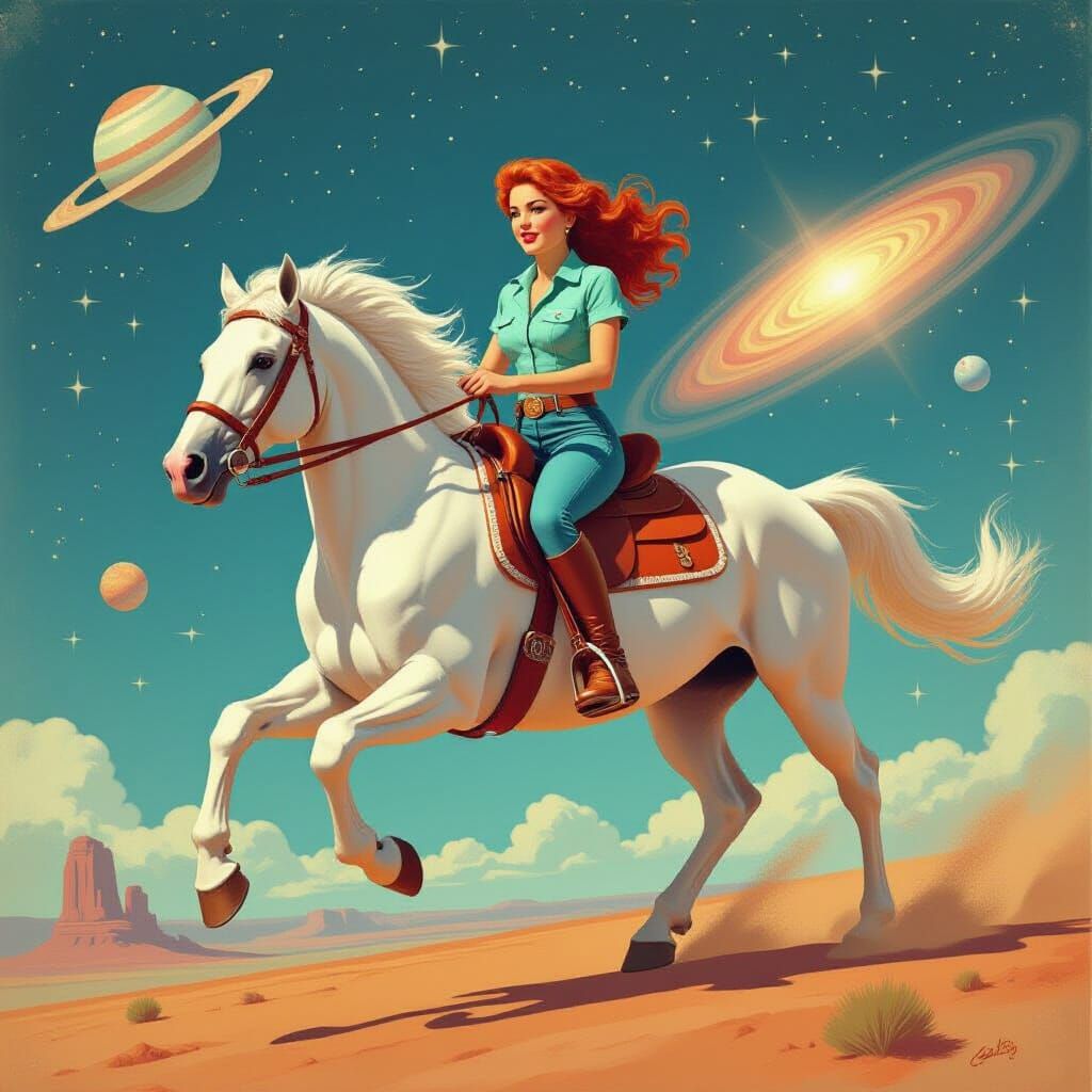 Retro-Futuristic Cowgirl Galloping Across the Galaxy