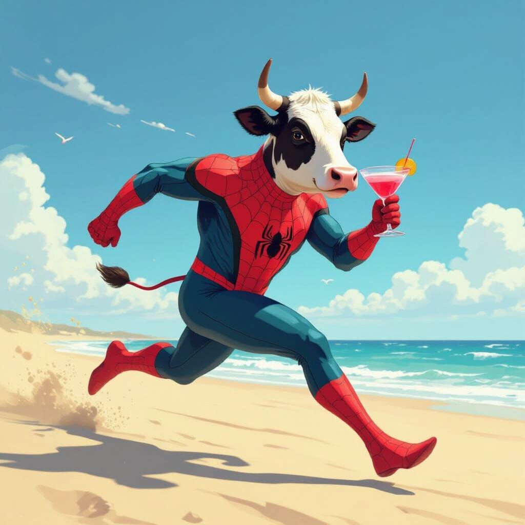 Cow-Spiderman on Beach with Martini in Digital Art Style