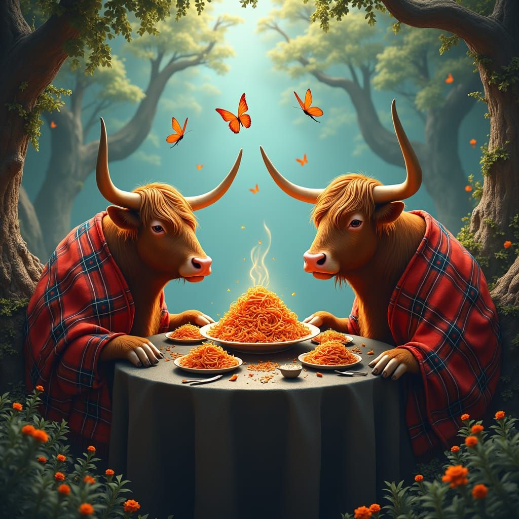 Highland Cows Feast in Mystical Forest, Digital Matte Painti...