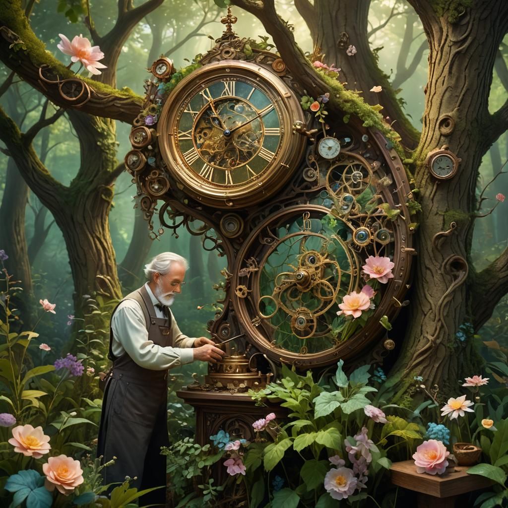 "A serene, ancient watchmaker repairs a grand clock crafted ...