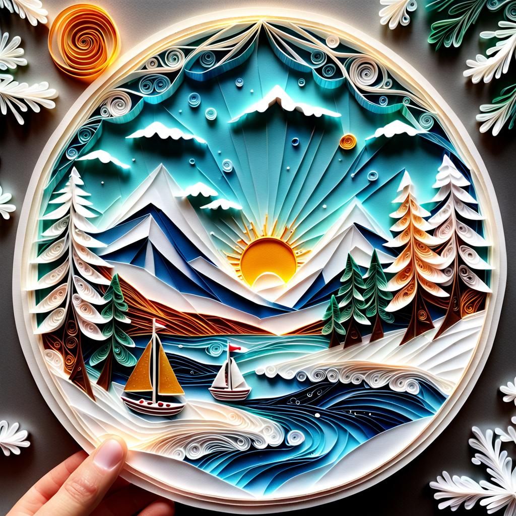 Paper Quilled Winter River in Crystal Art Style