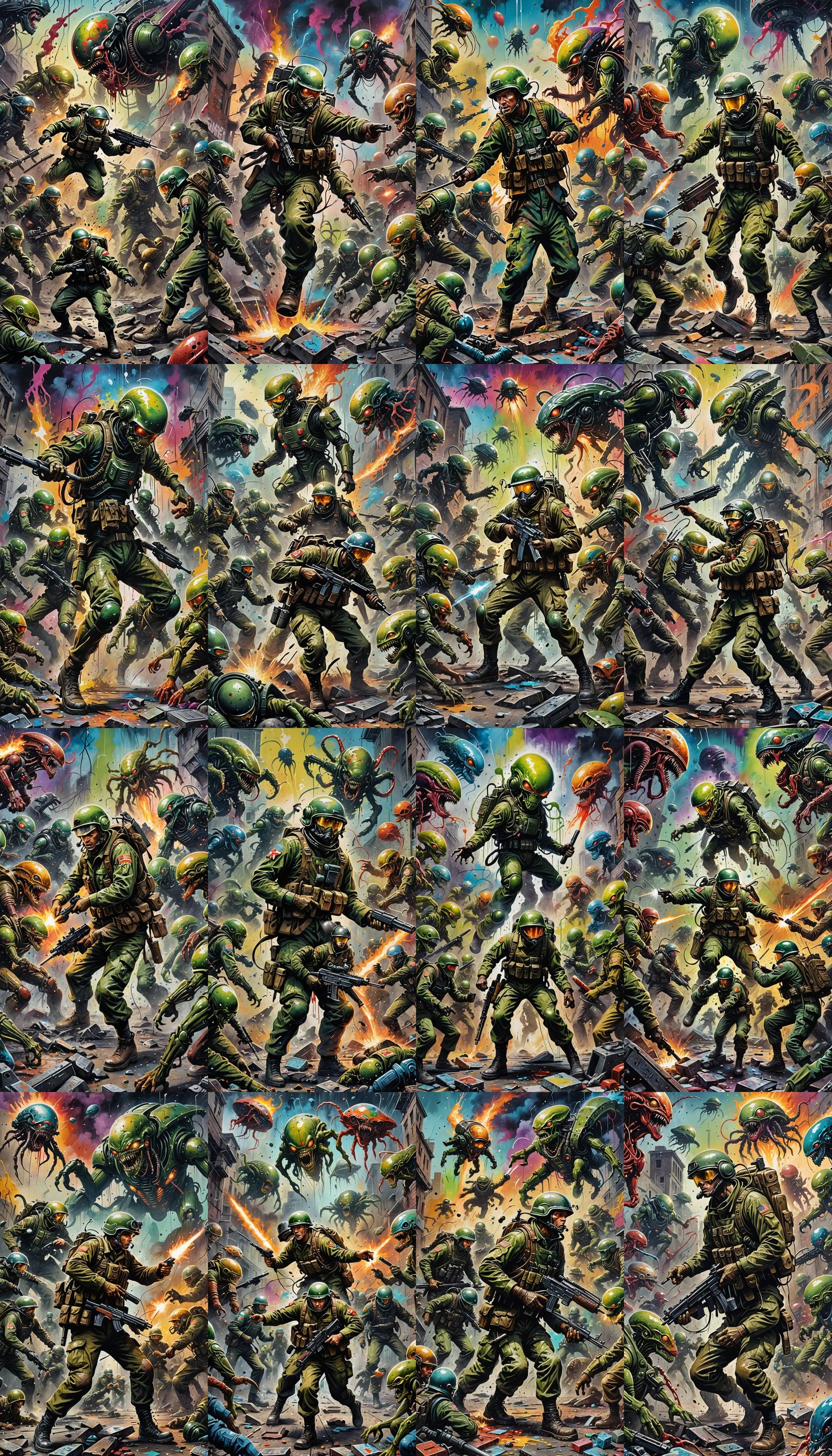 WWII Soldier Versus Aliens in Graffiti Art Style
