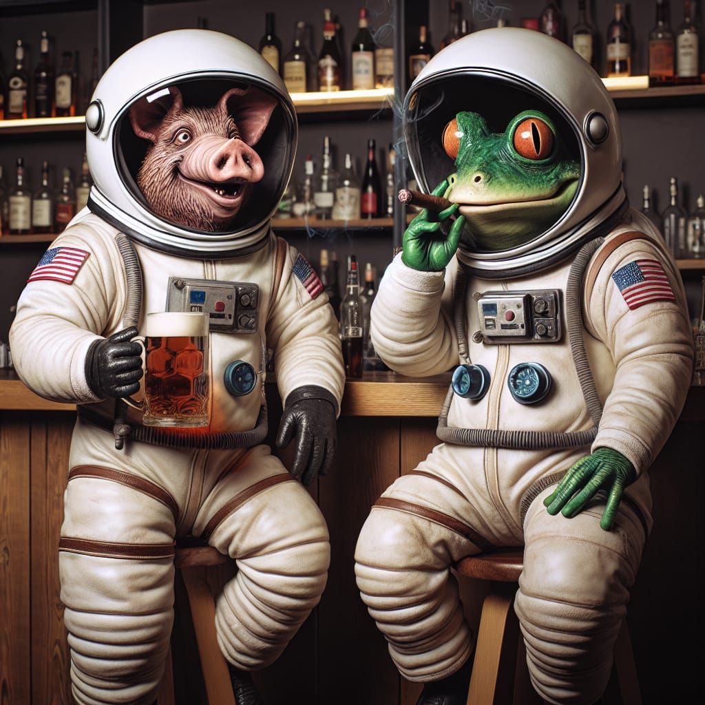 Anthropomorphic Pig and Frog Astronauts Enjoying Drinks