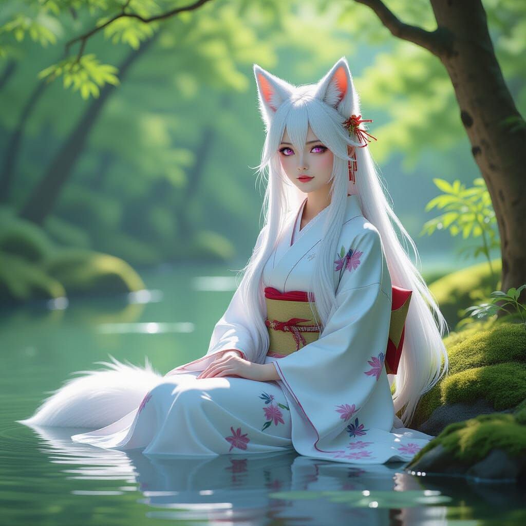 Kitsune Woman in Kimono by Forest Pond