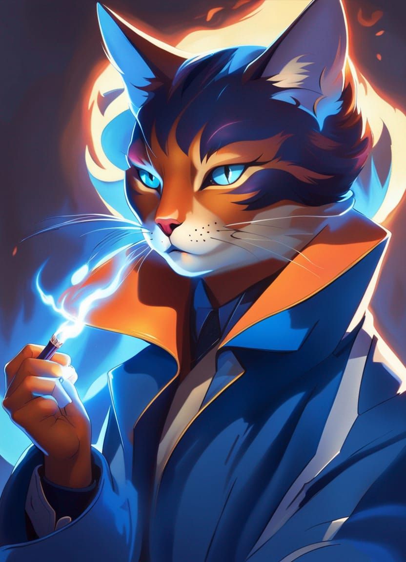 Anthropomorphic Lightning Cat in Fantasy Art Style