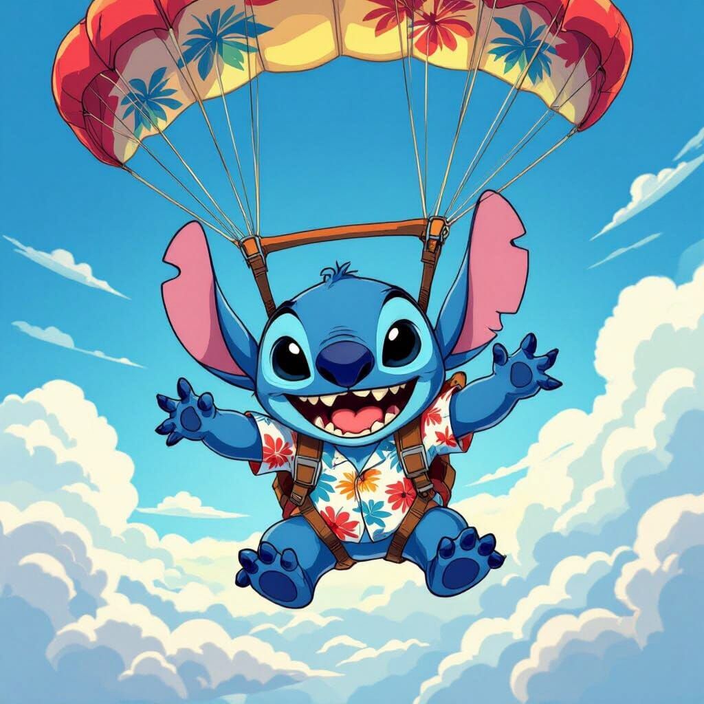 Stitch Skydiving with Manic Grin in Cartoon Style