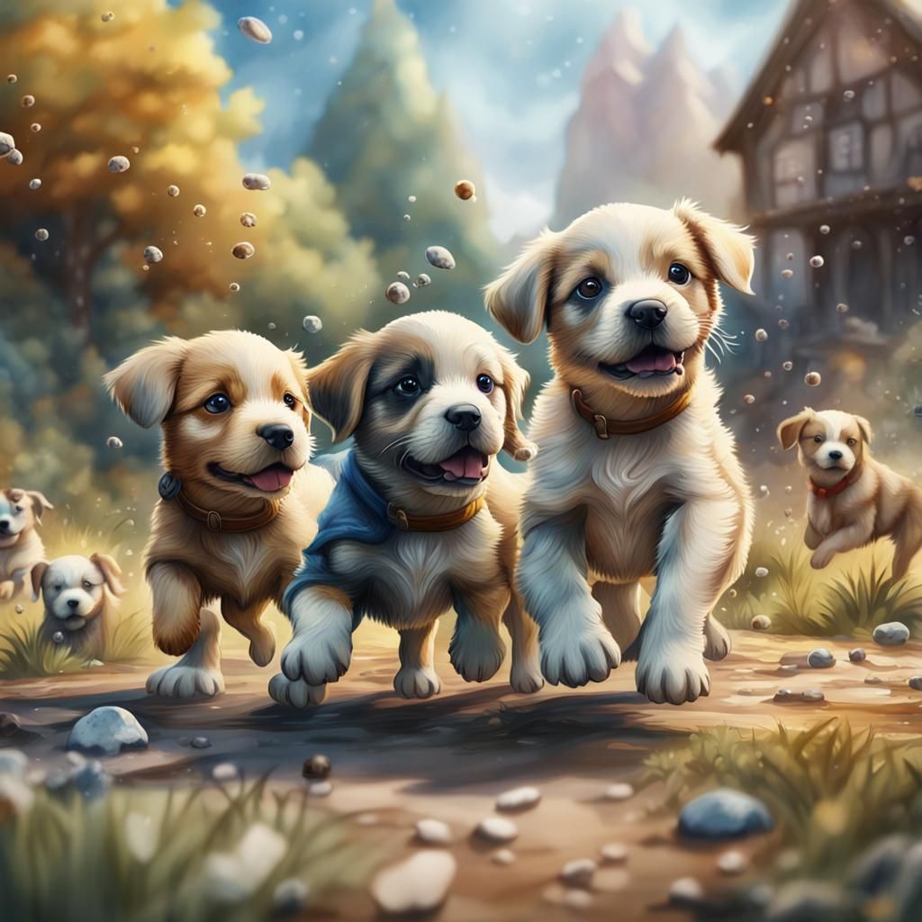 Puppies Playing Outdoors in Watercolor Style